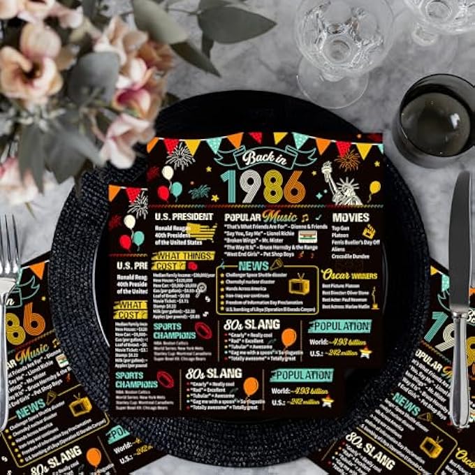 PACK OF 50 NAPKINS 40TH BIRTHDAY MAN WOMAN DECORATIVE 40TH BIRTHDAY NAPKINS BLACK GOLD FOR MEN AND WOMEN, 1986 PAPER HANDKERCHIEFS HANDKERCHIEFS PARTY DECORATION - Image 4